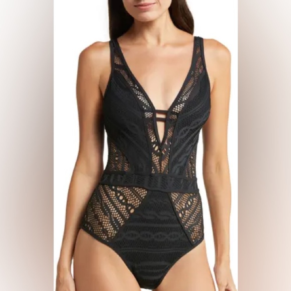 NWT Color Play One-Piece Swimsuit by Rebecca Virtue black Large Plunging V-Neck